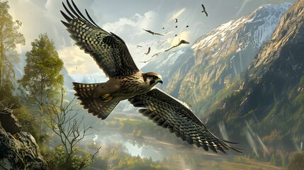 Falcon hunting. One flying falcon in the nature background, digital ai