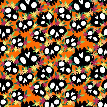 Halloween monsters seamless skulls and flower pattern for wrapping paper and fabrics and linens and kids