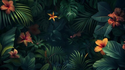 Obraz na płótnie Canvas Tropical leaves colorful flower on dark tropical foliage nature background dark green foliage nature
