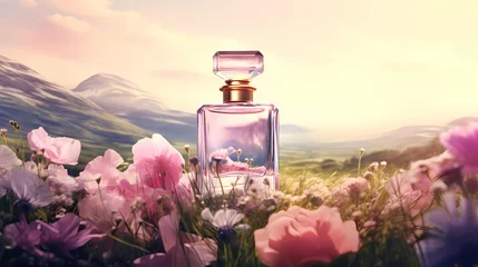 Foto op Plexiglas Perfume transparent bottle on pastel background, perfume display © ma
