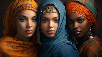 Diverse women in headscarves on gray background, multiethnic female portrait concept - obrazy, fototapety, plakaty