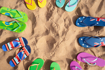 Summer beach background with flip flops and copy space, vacations concept