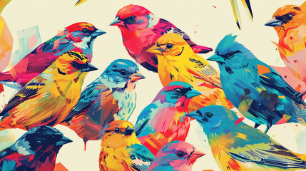 Naklejka premium Poster design shows lots of vibrant colorful birds in various colors, in the style of pattern-based painting.