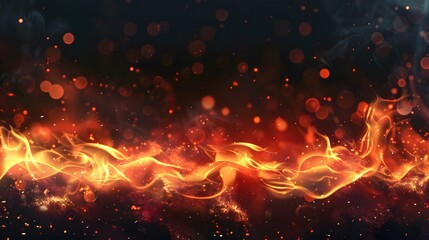 Fire flames on black background. fire flames and sparks with horizontal repetition on dark background, digital ai
