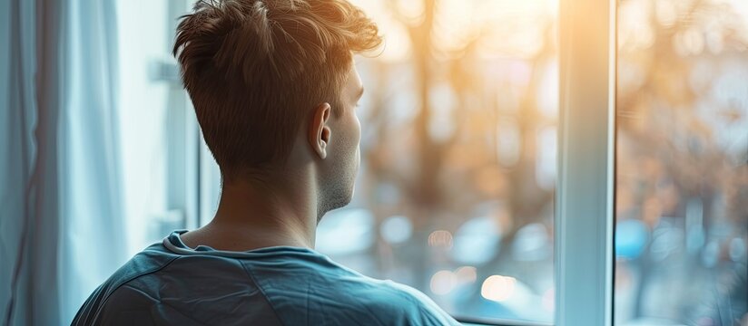 A young man with cancer gazes out a hospital window at the street. He appears lonely and deep in thought, possibly contemplating his sickness, treatment, and recovery from illness.