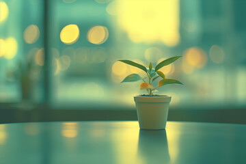 a potted plant on a table in front of a blurred background