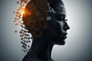 "Autism Awareness: Silhouette with Scattered Puzzle Pieces"