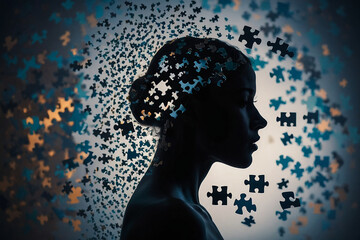 "Autism Awareness: Silhouette with Scattered Puzzle Pieces"