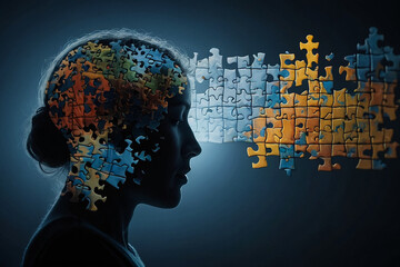 "Autism Awareness: Silhouette with Scattered Puzzle Pieces"