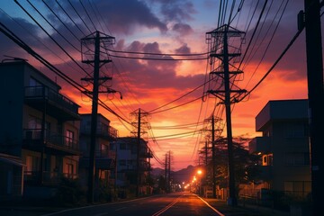 Power lines village anime visual novel game. Pylon supply. Generate Ai