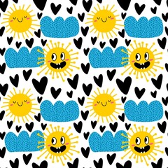 Summer cartoon weather seamless sun and clouds pattern for wrapping paper and fabrics and linens and kids