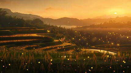 Anime Sunset Scene of Tranquil Rice Paddy Fields with Fireflies