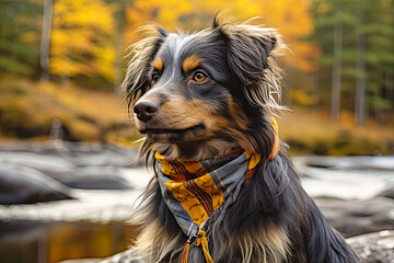 Golden Retriever Wearing a Plaid Scarf in Autumn Forest at Sunset