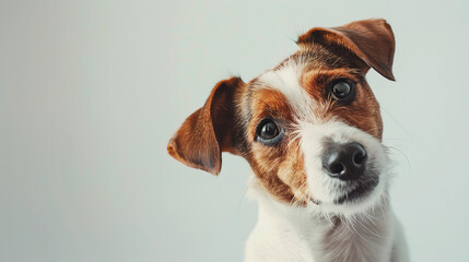 Adorable jack russell terrier dog with curious questioning face isolated on light pastel background with copy space. Studio portrait photo.