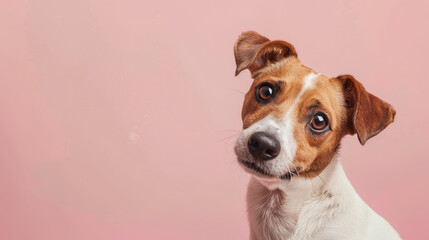 Adorable jack russell terrier dog with curious questioning face isolated on light pastel background with copy space. Studio portrait photo. - obrazy, fototapety, plakaty