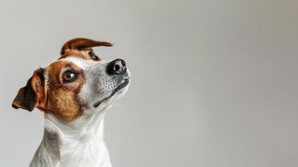 Adorable jack russell terrier dog with curious questioning face isolated on light pastel background with copy space. Studio portrait photo. - obrazy, fototapety, plakaty