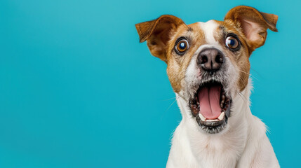 Funny dog face of jack russell terrier isolated on light pastel background with copy space the side. Shocked and surprised face. - obrazy, fototapety, plakaty