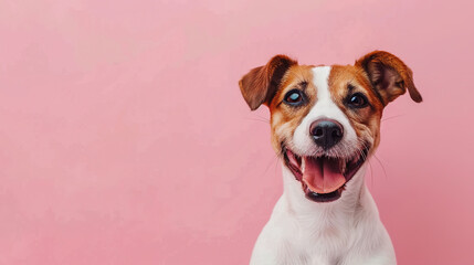 Funny dog face of jack russell terrier isolated on light pastel background with copy space the side. Happy and smiley face.