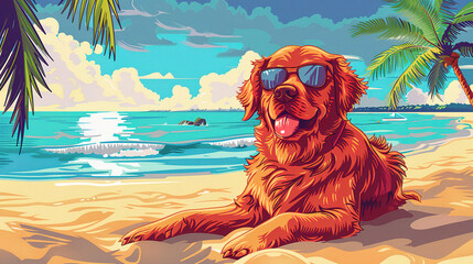 Cool looking golden retriever dog at the beach. Comic style illustration.