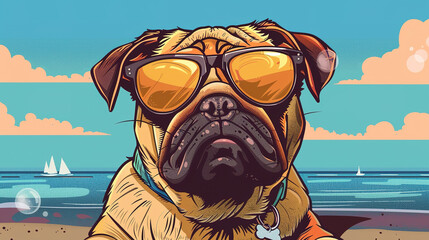 Cool looking pug dog at the beach. Comic style illustration. - obrazy, fototapety, plakaty