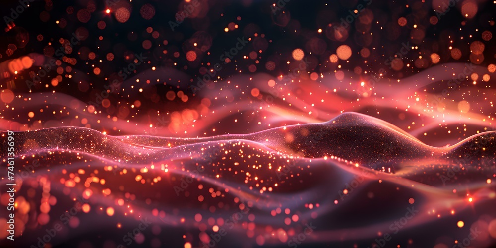 Poster creating a dynamic digital landscape: glowing wave particles and bokeh lights seamless background co