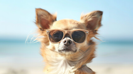 Cool looking chihuahua dog at the beach.Summer vacation at sea side with your dog.