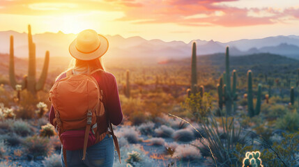 Back view of Tourist woman with hat and backpack on vacation at saguaro national park, Digital illustration generative AI. - Powered by Adobe