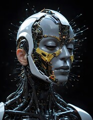 A robotic portrait of the future, showcasing a blend of human-like appearance with complex machine elements against a dark backdrop. AI Generated