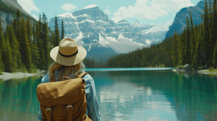 Back view of Tourist woman with hat and backpack on vacation at banff national park, Digital illustration generative AI. - obrazy, fototapety, plakaty