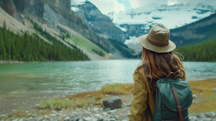 Back view of Tourist woman with hat and backpack on vacation at banff national park, Digital illustration generative AI. - obrazy, fototapety, plakaty
