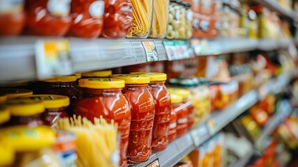 In a store in Humble, Texas, US, a selection of pasta, ketchup, condiments, tomato sauce, and canned vegetables are displayed on shelves. The aisle showcases a variety of products - obrazy, fototapety, plakaty