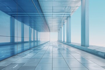 Perspective view of blank blue digital screen wall and concrete floor with square stand background. 3D Rendering