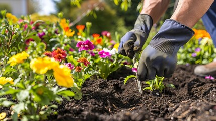 In the serene backdrop of a backyard, the hands of gardeners tenderly plant vibrant flowers, imbuing the outdoor space with color, fragrance, and vitality. 