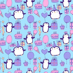 Birthday party animals seamless penguin pattern for wrapping paper and fabrics and kids print and summer print