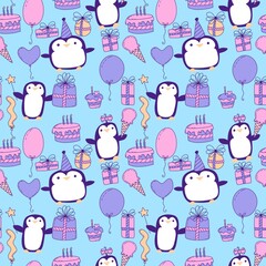 Birthday party animals seamless penguin pattern for wrapping paper and fabrics and kids print and summer print