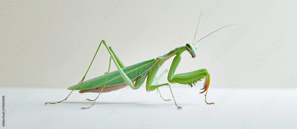Poster a detailed close-up of a grasshopper perched on a white surface, showcasing its distinct features an