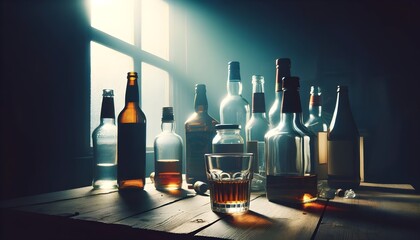 Empty Bottles and a Single Glass on a Table: The Silent Echo of Addiction - obrazy, fototapety, plakaty