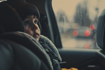 A blurred child's face seen through a raindrop-covered car window during an evening drive - obrazy, fototapety, plakaty