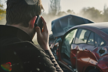 Man calling vehicle insurance on the phone because of an accident - obrazy, fototapety, plakaty
