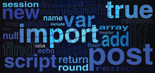 Programming abstract dark blue color terms arranged on a black background - obrazy, fototapety, plakaty