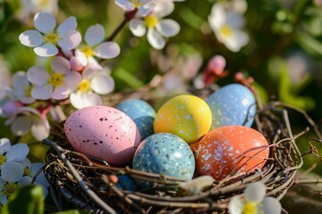 Vibrant Easter eggs in multiple colors rest in a twig nest surrounded by delicate spring flowers, symbolizing rebirth and joy