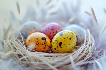 Obraz premium Softly focused Easter eggs in a delicate straw nest, evoking a gentle and peaceful atmosphere