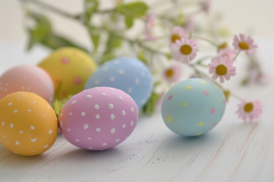 Soft focus image of assorted pastel-colored Easter eggs with cute polka dots and flowers against a white backdrop