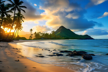 Pristine Hawaiian Beachscape at Sunset: A Tropical Paradise Unleashed - obrazy, fototapety, plakaty