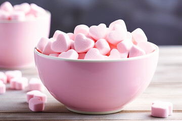 A heart-shaped bowl is filled with small pink and white hearts, creating a lovely and romantic display. The contrast between the colors enhances the visual appeal of the arrangement.