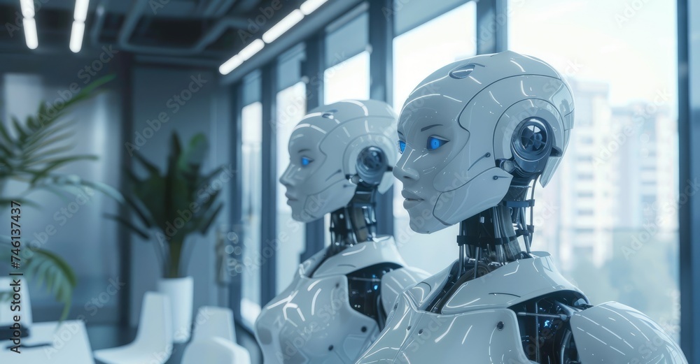 Poster office workspace working by robot ai