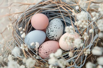 Naklejka na ściany i meble Softly colored Easter eggs in a nest surrounded by delicate baby's breath flowers, capturing the essence of spring renewal