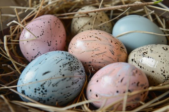 Vividly painted Easter eggs nestled in a natural straw nest, capturing the essence of the holiday's playful spirit