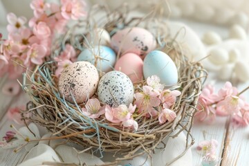 Fototapeta na wymiar A beautiful spring arrangement featuring a nest with pastel-colored Easter eggs amid pink cherry blossoms, symbolizing renewal and life