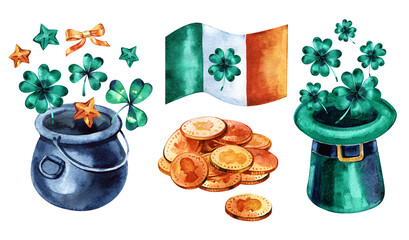 Set of watercolor elements for St. Patrick's Day isolated on white background. Traditional holiday attributes. Cartoon signs for the design of Irish-themed cards and banners. Decorative pictures.